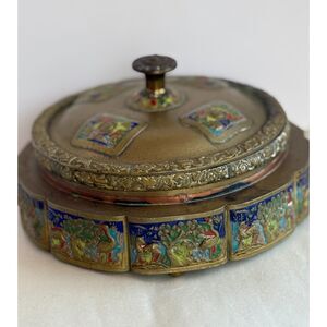 Rare Antique Chinese Tea Caddy Box Brass with Enamel Early 20th Century